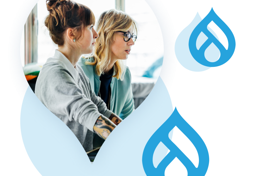 Image of two women on a laptop surrounded by drupal logos