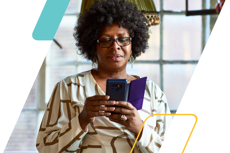 image of a woman on a mobile device masked by a parallelogram