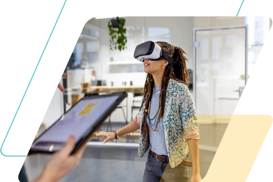image of a person wearing a vr headset masked by a parallelogram