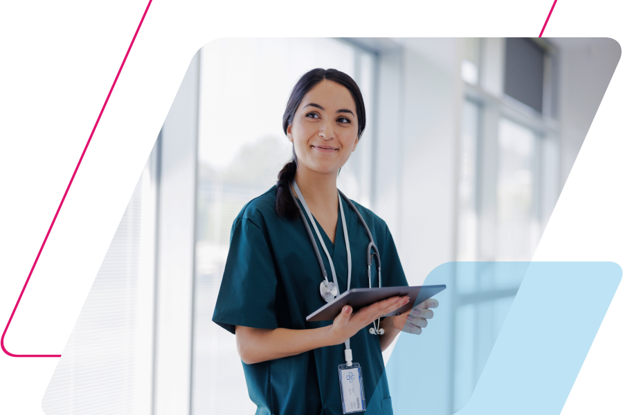 image of a person wearing scrubs looking at a tablet. Masked by a parallelogram 