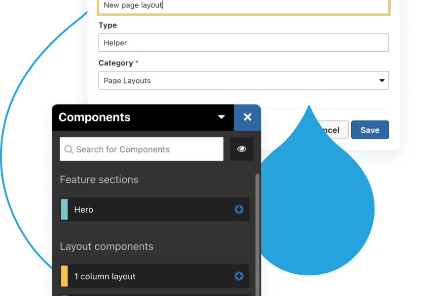 blue acquia droplets with product screenshots coming out