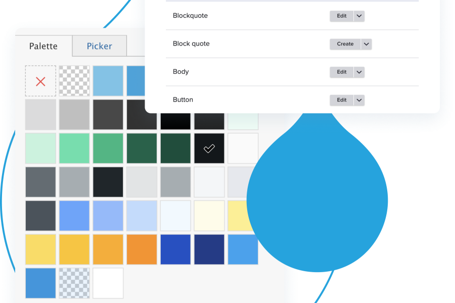 blue acquia droplets with product screenshots coming out
