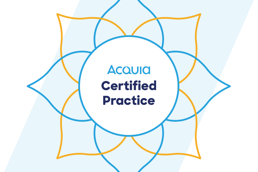 acquia certification badge with blue and yellow droplets