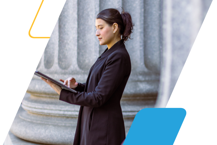 image of a woman on a tablet outside of a government building cropped by a parallelogram