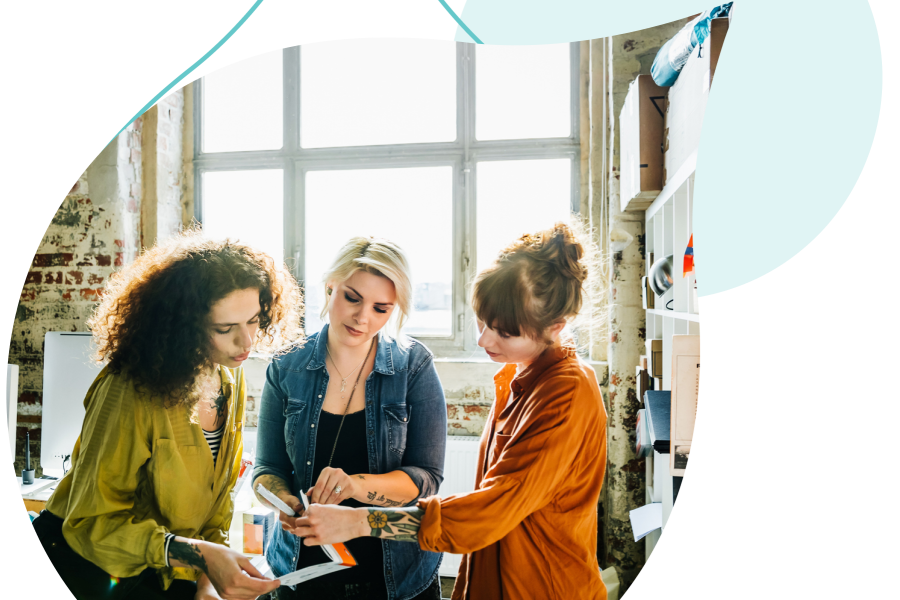 teal acquia droplets with an image of 3 people chatting