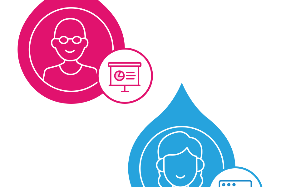 two droplets with a person and a presentation board icon and a person with a code screen icon
