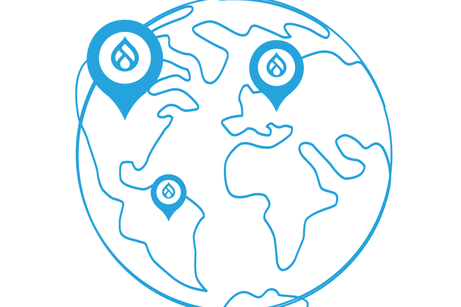 blue line art of a globe with various drupal map pins