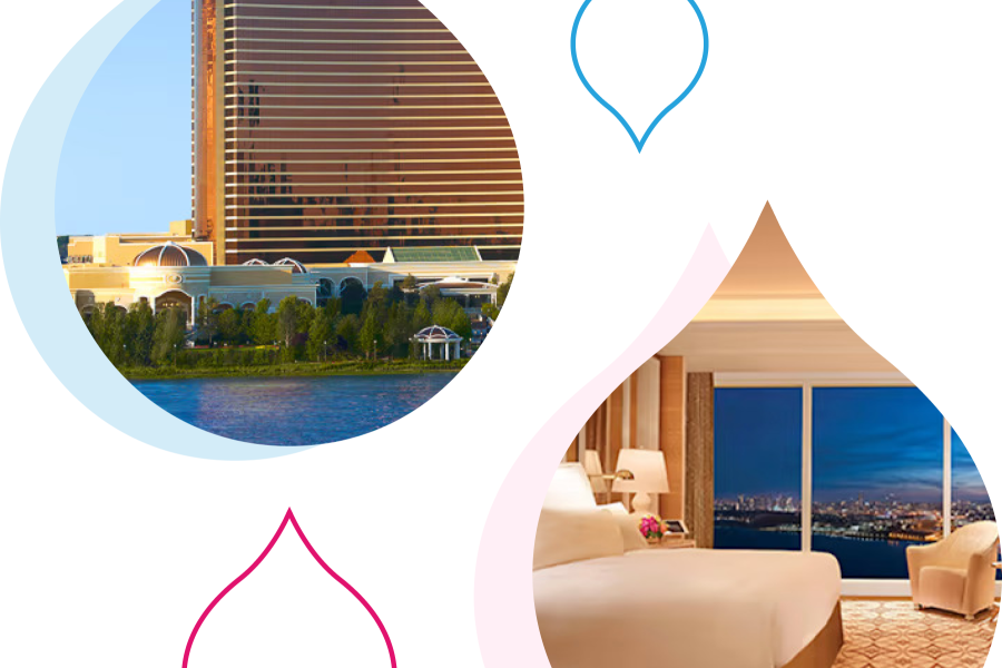 pink and blue acquia droplets with images of the outside of the Boston Encore hotel and the rooms inside