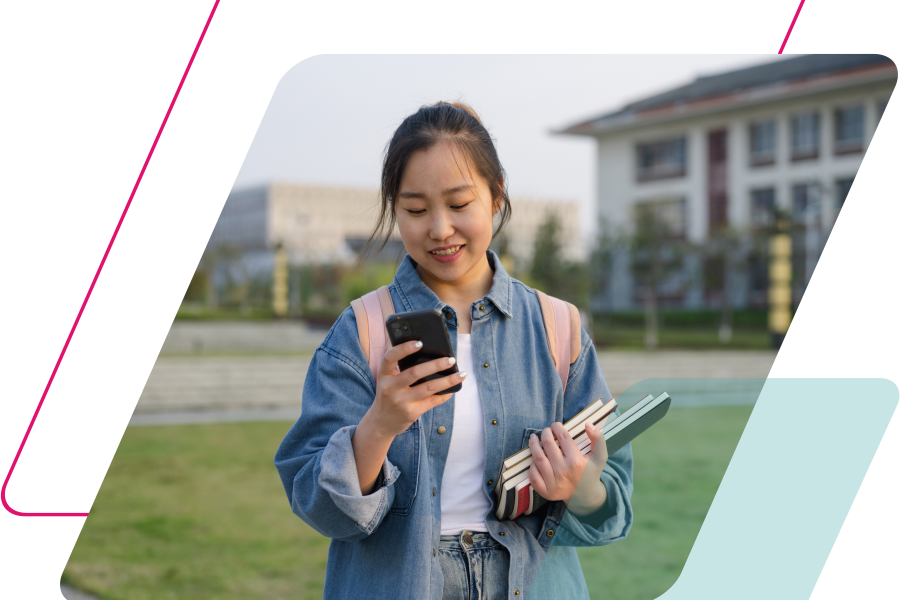 parallelogram masking an image of a girl walking with her phone