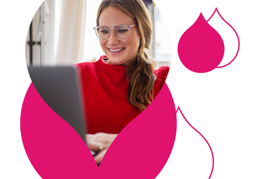 pink acquia droplets with an image of a woman in red on a computer