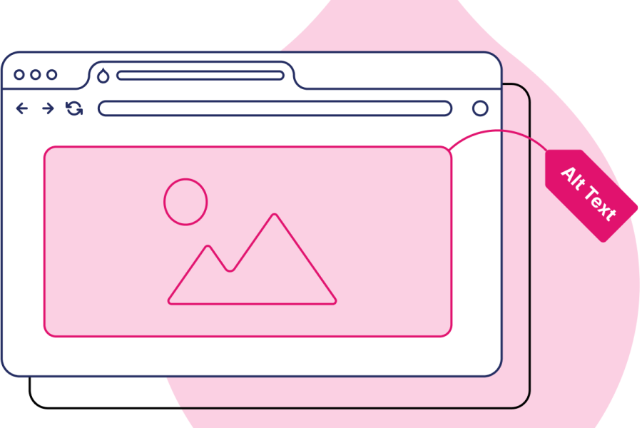 navy and pink line art of two browser screens with an image highlighted on one of them and a tag attached to it that reads "Alt Text"