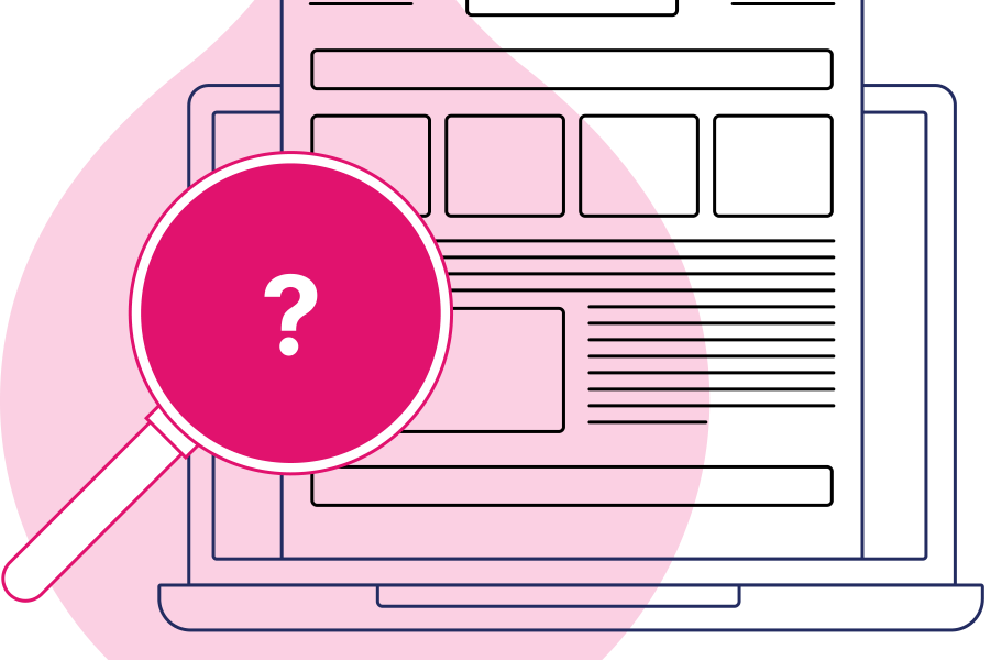 navy and pink line art of a computer with a web page coming out of it and a magnifying glass hovering over it with a question mark in the middle