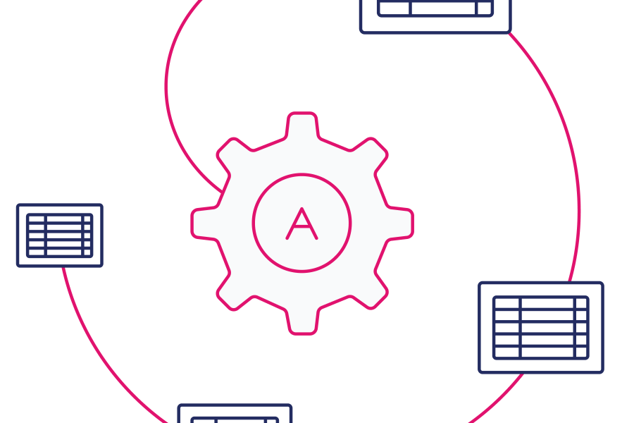 navy and pink line art of 4 browsers connected to a cogwheel with the letter 'A' inside