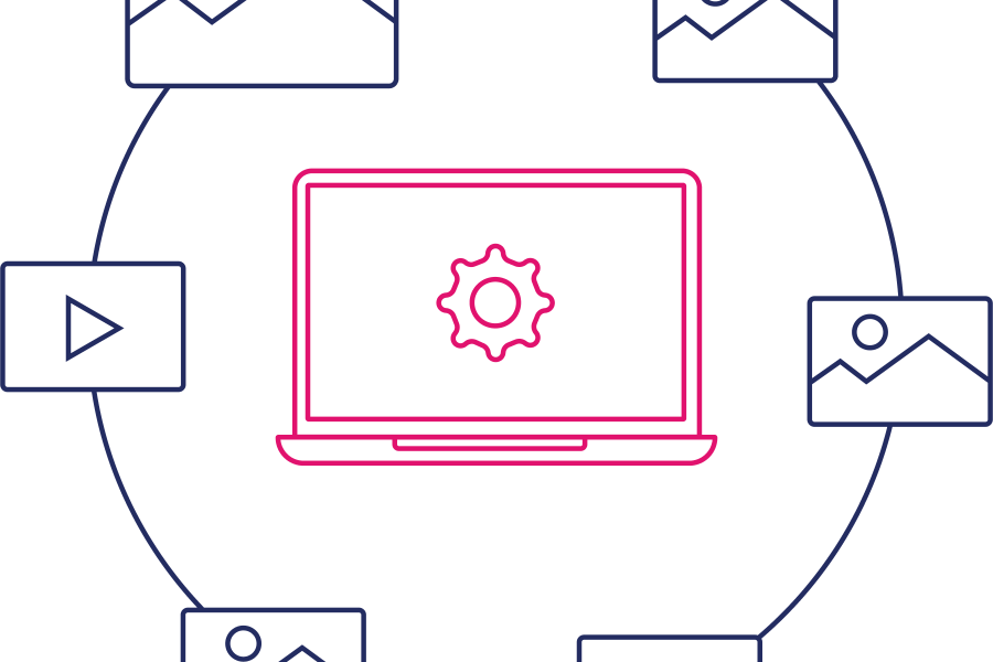 navy and pink line art of image and video icons surrounding a laptop with a coghweel in the center