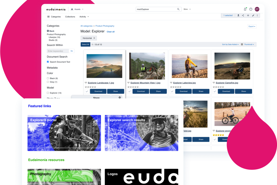 pink acquia droplets with screenshots from the Acquia DAM trial site