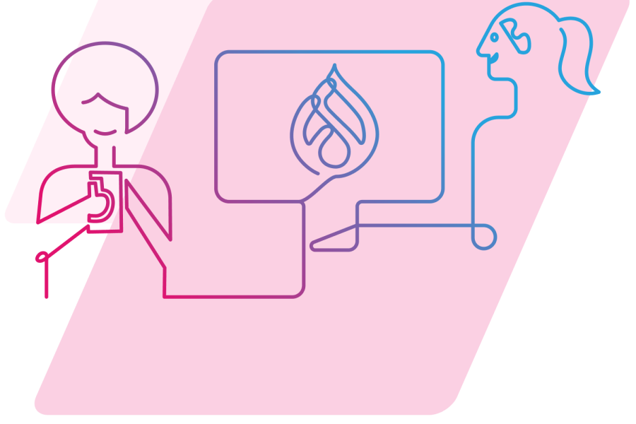 blue to pink line art diagram of person on computer connected to person on mobile with drupal logo in the middle