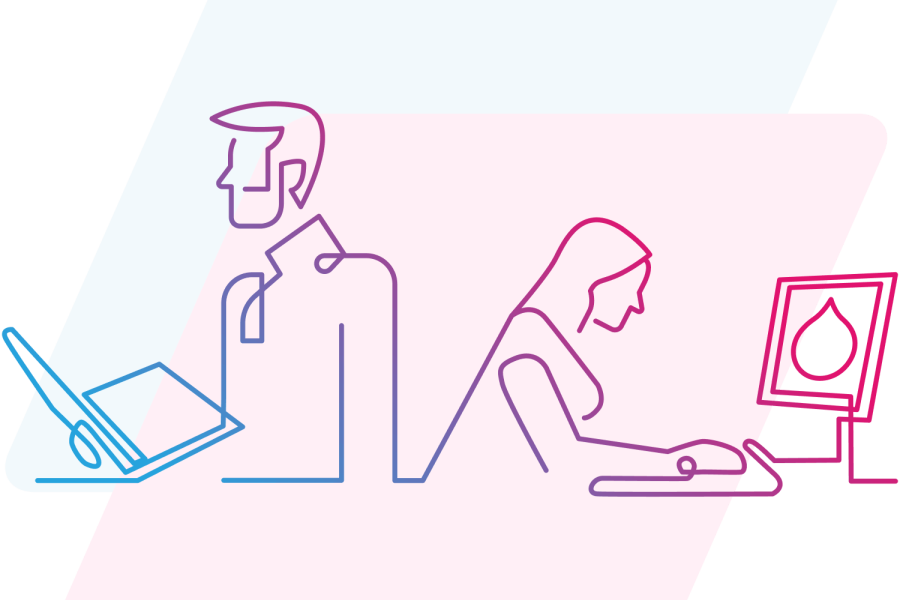 pink and blue line art of people working on computers 