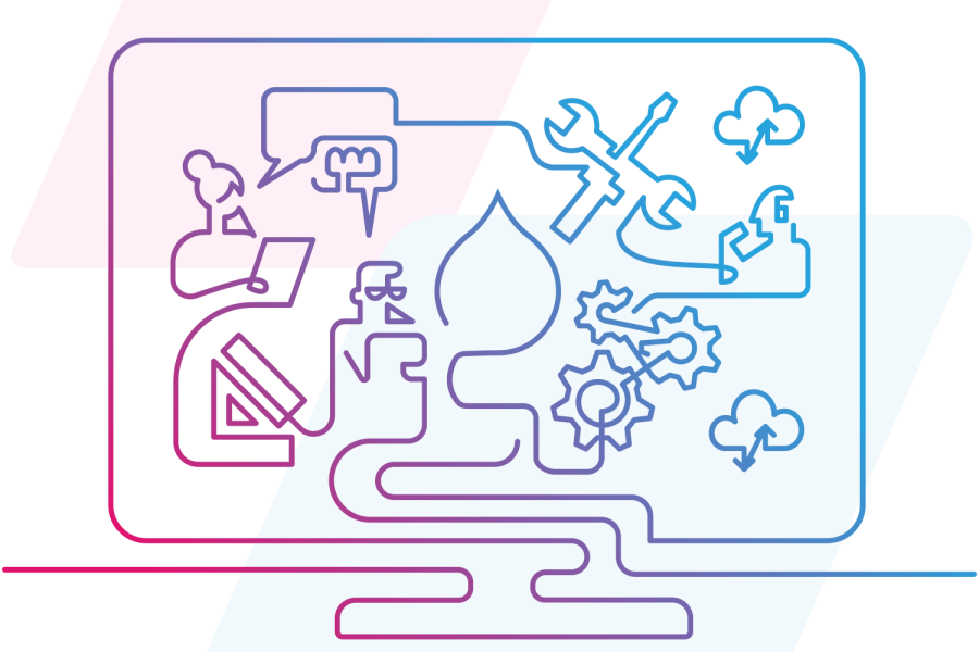 pink and blue line art of computer screen with iconography filling screen
