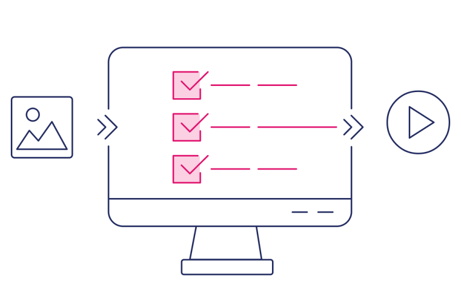 illustration of a monitor with a check list and assets moving from side to side