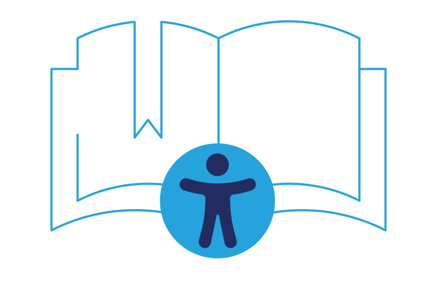 illustration of an open book with the accessibility logo