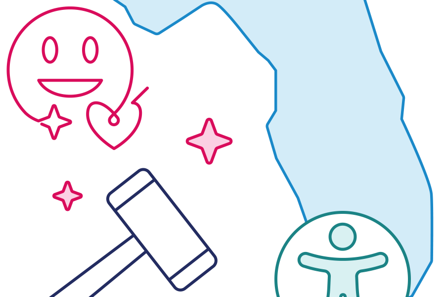 Illustration of the profile of the state of Florida with accessibility and compliance graphics