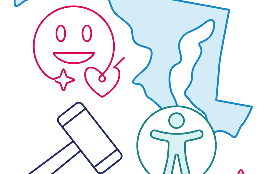 Illustration of the profile of the state of Maryland with accessibility and compliance graphics