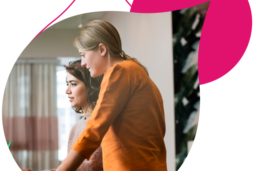 stylized graphic of 2 women looking over a computer