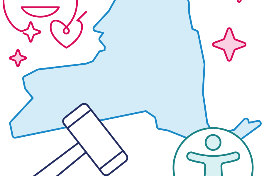 Illustration of the profile of the state of New York with accessibility and compliance graphics