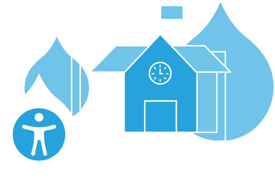 illustration of an educational building and laptop with accessibility logo