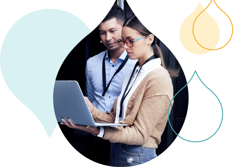 teal and yellow acquia droplets with an image of two people standing looking over a laptop
