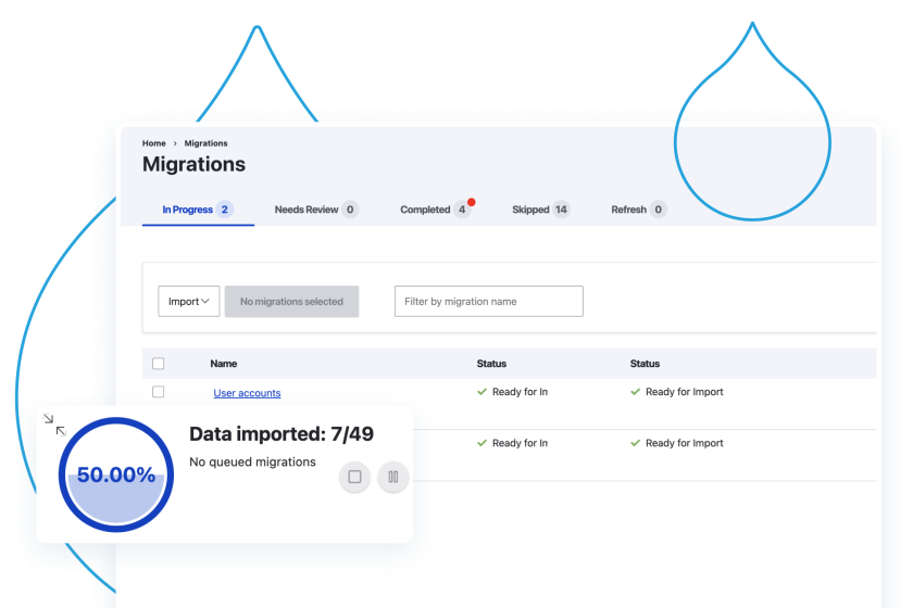 Screenshots from Acquia's migrate accelerate interface surrounded by line art of blue acquia droplets