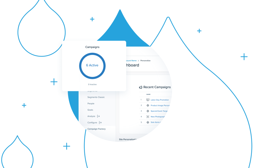 Screenshots from acuqia's personalization add on interface surrounded by blue acquia droplets