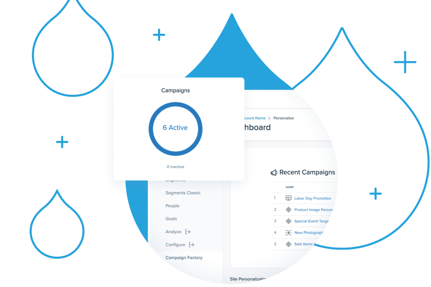 blue acquia droplets with product screenshots coming out