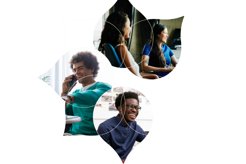 acquia droplets arranged in a floral pattern with images of people on computers