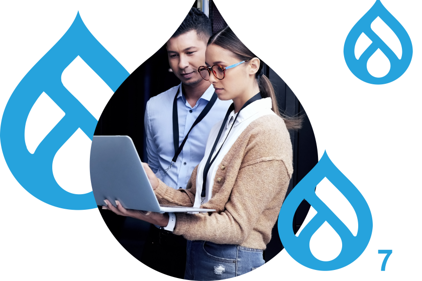 image of a woman standing up holding a laptop cropped by a droplet while also surrounded by 3 drupal logos