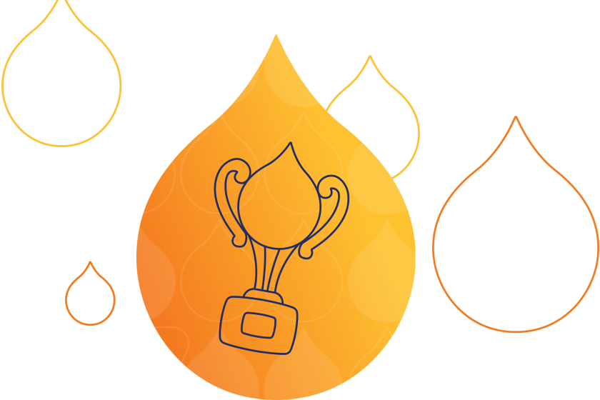 yellow and orange droplets with a trophy in the center