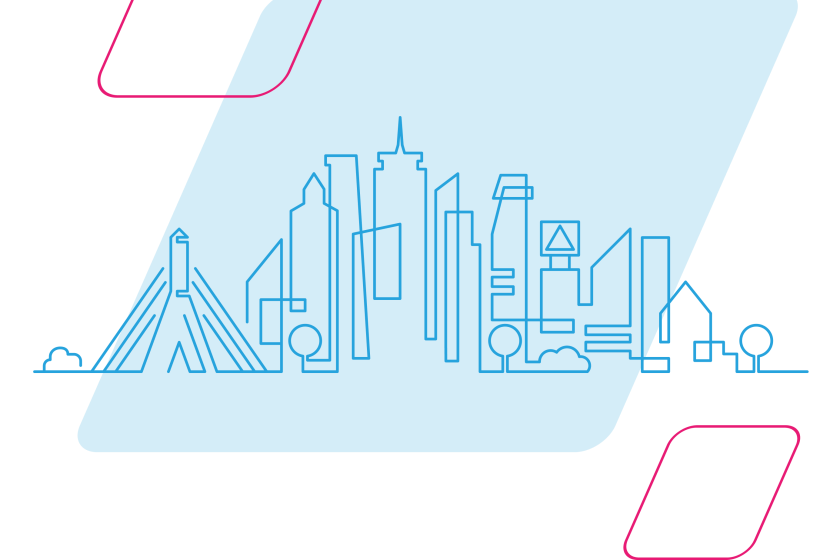 pink and blue parallelograms with blue line art of the boston skyline