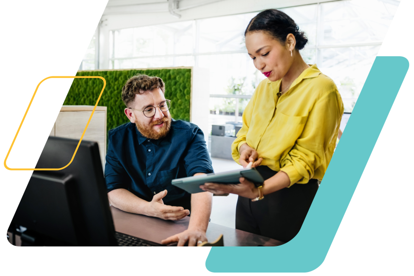 teal and yellow parallelograms with an image of a woman showing a man her tablet