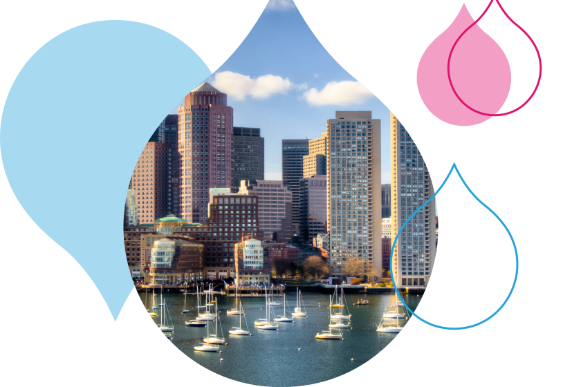 blue and pink acquia droplets with an image of the boston skyline