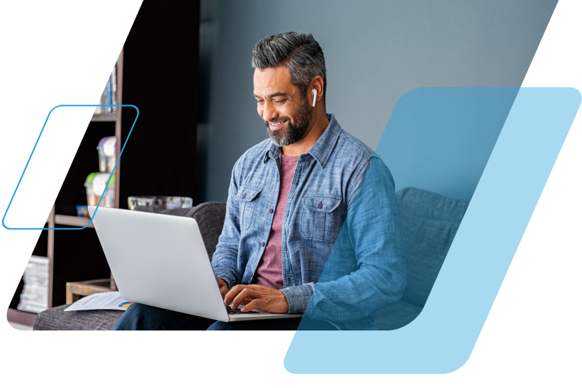 blue parallelograms with an image of a an on a computer