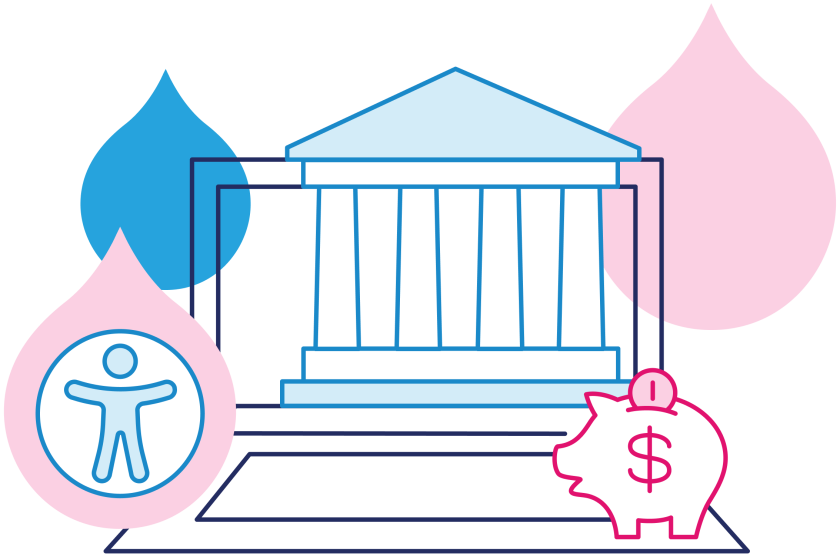 illustration of governmental building with accessibility logo and piggybank