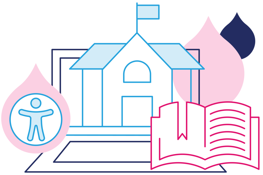 illustration of governmental building and laptop with accessibility logo and an open book