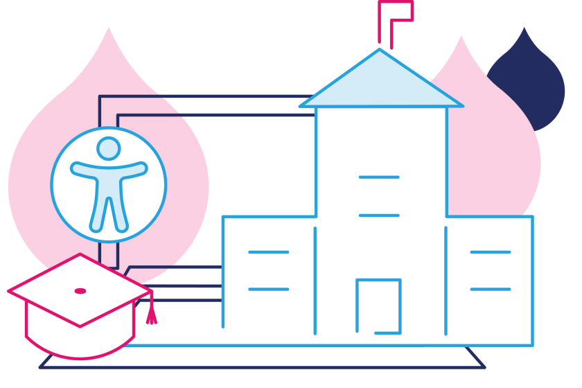 illustration of an educational building and laptop with accessibility logo and a graduation cap