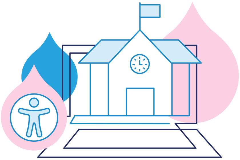 illustration of an educational building and laptop with accessibility logo