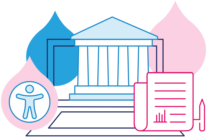 illustration of a governmental building and laptop with accessibility logo and report