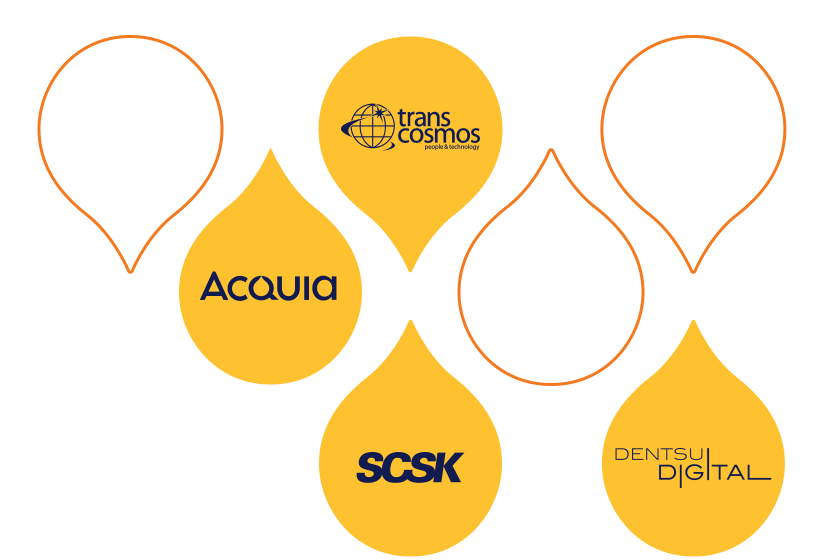 Stylized acquia drops featuring Acquia, SCSK, Dentsu Digital, and Transcosmos logos