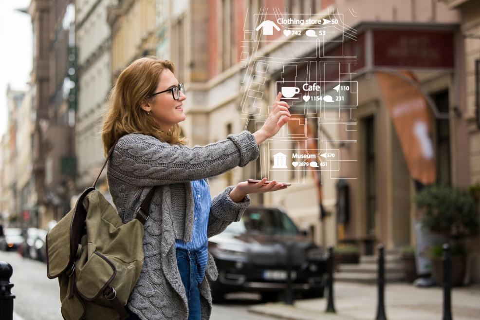 Women looking at digital shopping options in the air 