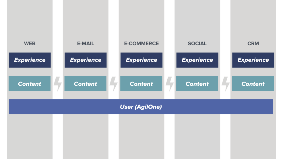 Diagram shows how user data is unified with AgilOne across different platforms listed vertically including web, email marketing, ecommerce, social media, and CRM. [image acquia/dxp-shared-user-data]