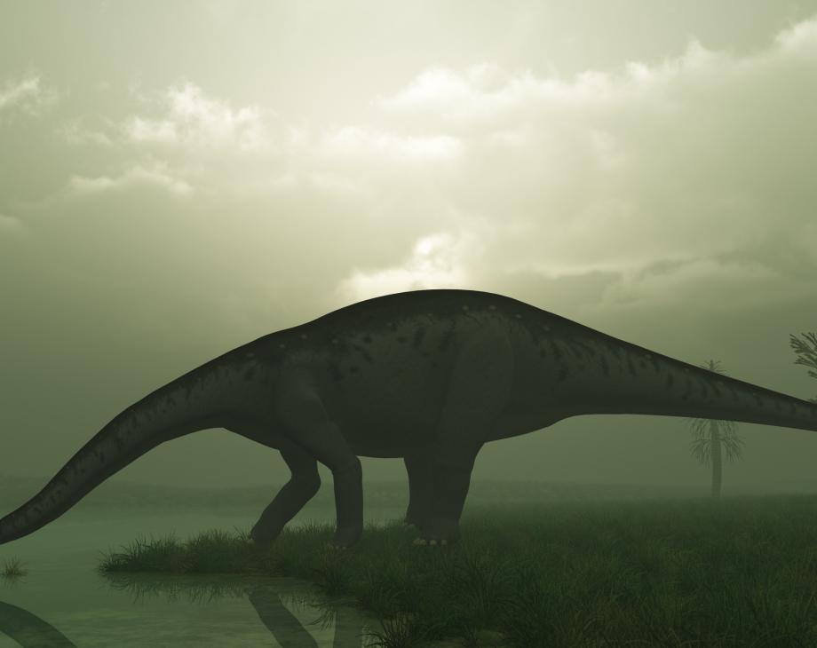 Depiction of Brontosaurus drinking from a lake in prehistoric times