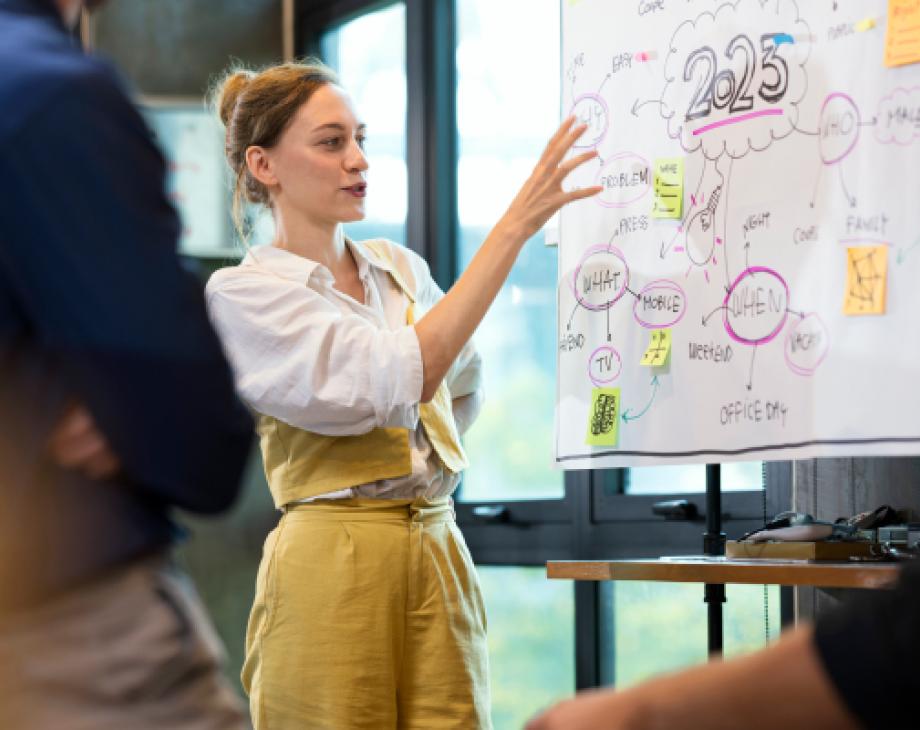 Woman gesturing at whiteboard